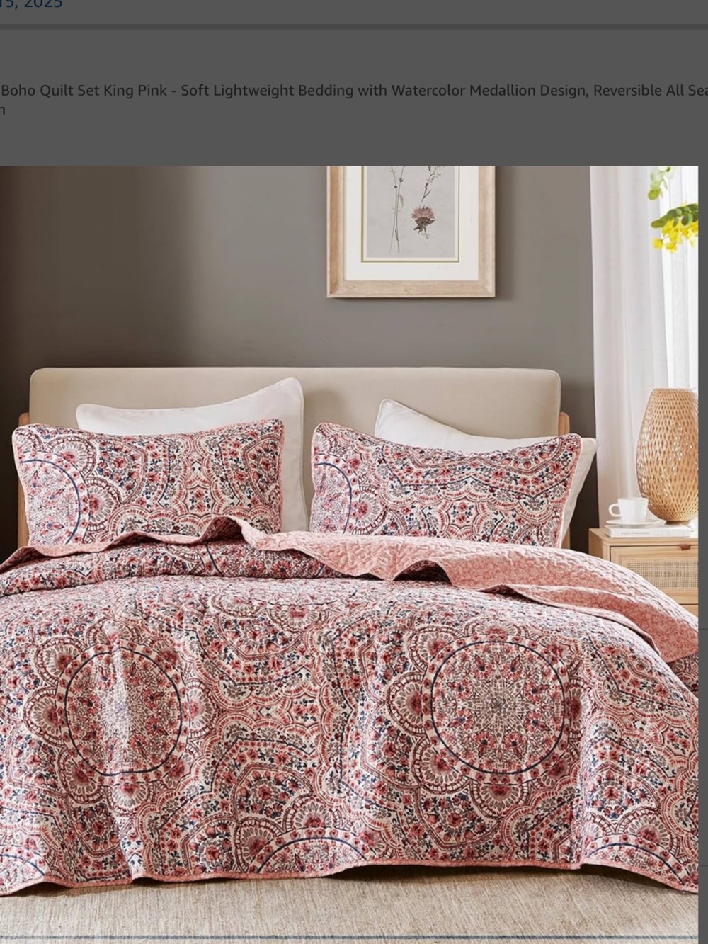 Comfort Spaces 3Pc King Size Pink Reversible Valerie Boho Quilt Set